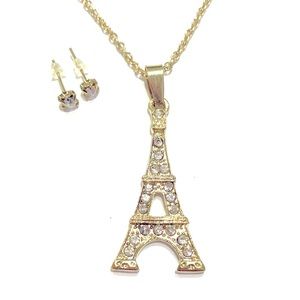 Eiffel Tower Necklace Earrings Set Gold Tone Rhinestones